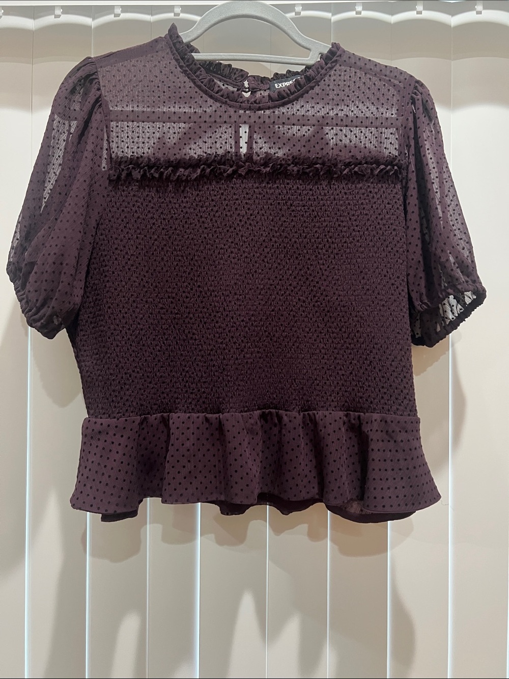 Express Dusty Mauve Polka Dot Smocked Peplum Top
